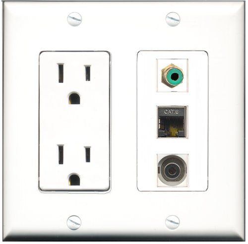 RiteAV - 15 Amp Power Outlet 1 Port RCA Green 1 Port Shielded Cat6 Ethernet Ethernet 1 Port 3.5mm Decorative Wall Plate