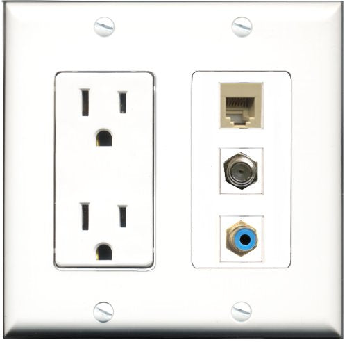 RiteAV - 15 Amp Power Outlet 1 Port RCA Blue 1 Port Coax 1 Port Phone Beige Decorative Wall Plate