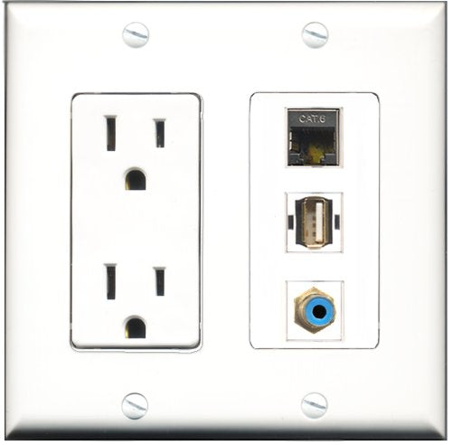 RiteAV - 15 Amp Power Outlet 1 Port RCA Blue 1 Port USB A-A 1 Port Shielded Cat6 Ethernet Ethernet Decorative Wall Plate