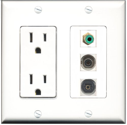 RiteAV - 15 Amp Power Outlet 1 Port RCA Green 1 Port Toslink 1 Port 3.5mm Decorative Wall Plate