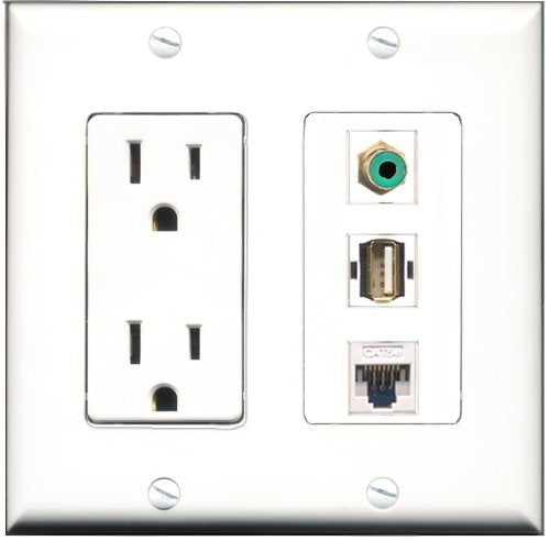 RiteAV - 15 Amp Power Outlet 1 Port RCA Green 1 Port USB A-A 1 Port Cat5e Ethernet White Decorative Wall Plate