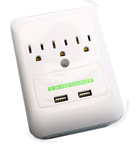 RiteAV 3 Outlet Surge Wall Tap Plug + 2.1A (2 x Female USB Port) Charger for Cell Phone