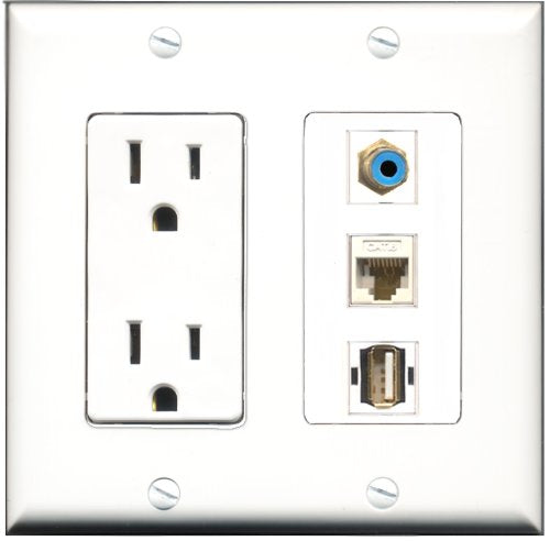 RiteAV - 15 Amp Power Outlet 1 Port RCA Blue 1 Port USB A-A 1 Port Cat6 Ethernet Ethernet White Decorative Wall Plate