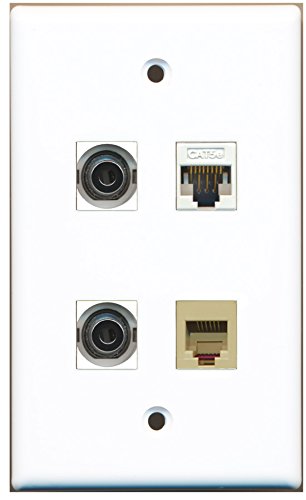 RiteAV - 1 Port Phone RJ11 RJ12 Beige 2 Port 3.5mm 1 Port Cat5e Ethernet White Wall Plate