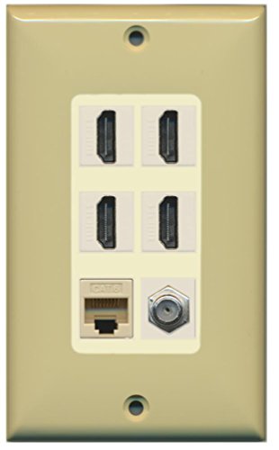 RiteAV - 4 Port HDMI 1 Coax Cable TV- F-Type 1 Cat6 Ethernet Wall Plate Decorative - Ivory/Light Almond