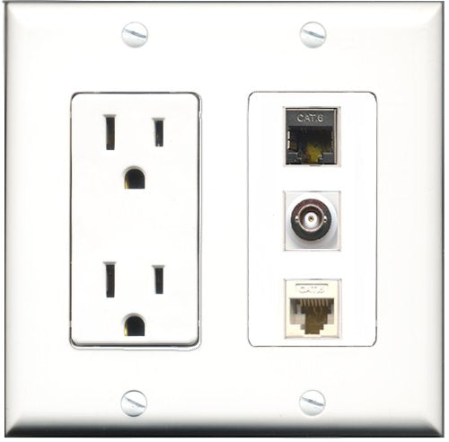 RiteAV - 15 Amp Power Outlet 1 Port Shielded Cat6 Ethernet Ethernet 1 Port BNC 1 Port Cat6 Ethernet Ethernet White Decorative Wall Plate