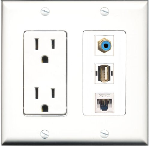 RiteAV - 15 Amp Power Outlet 1 Port RCA Blue 1 Port USB A-A 1 Port Cat5e Ethernet White Decorative Wall Plate