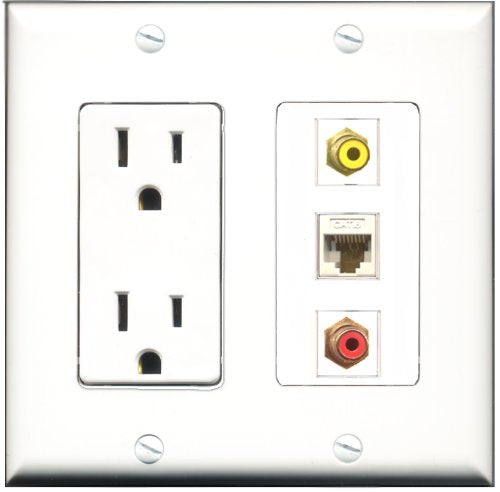 RiteAV - 15 Amp Power Outlet 1 Port RCA Red 1 Port RCA Yellow 1 Port Cat6 Ethernet Ethernet White Decorative Wall Plate