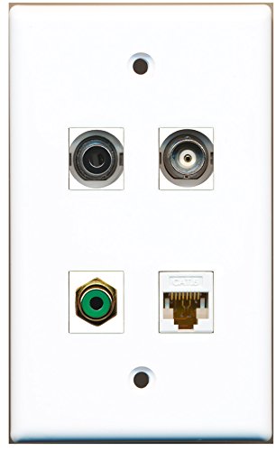 RiteAV - 1 Port RCA Green 1 Port 3.5mm 1 Port BNC 1 Port Cat6 Ethernet White Wall Plate
