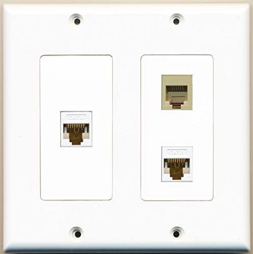RiteAV - 1 Port Phone RJ11 RJ12 Beige 2 Port Cat6 Ethernet White - 2 Gang Wall Plate