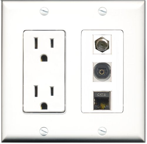 RiteAV - 15 Amp Power Outlet 1 Port Coax 1 Port Shielded Cat6 Ethernet Ethernet 1 Port Toslink Decorative Wall Plate