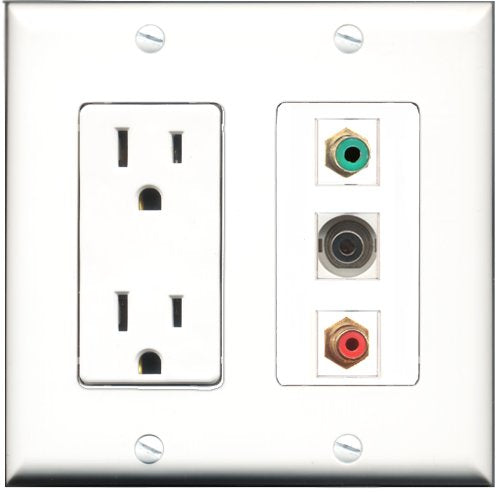 RiteAV - 15 Amp Power Outlet 1 Port RCA Red 1 Port RCA Green 1 Port 3.5mm Decorative Wall Plate