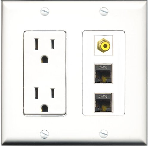 RiteAV - 15 Amp Power Outlet 1 Port RCA Yellow 2 Port Shielded Cat6 Ethernet Ethernet Decorative Wall Plate