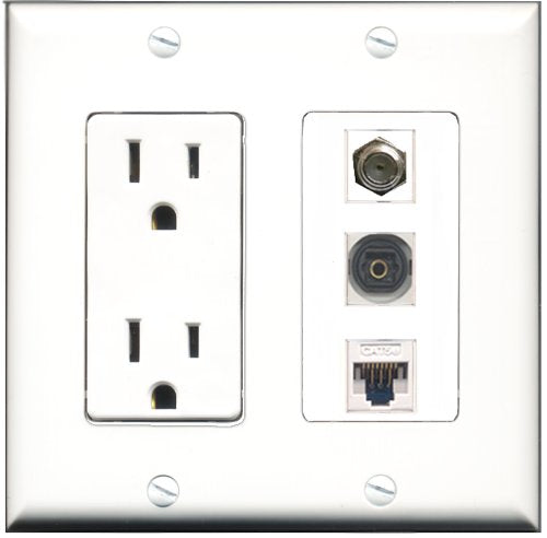 RiteAV - 15 Amp Power Outlet 1 Port Coax 1 Port Toslink 1 Port Cat5e Ethernet White Decorative Wall Plate
