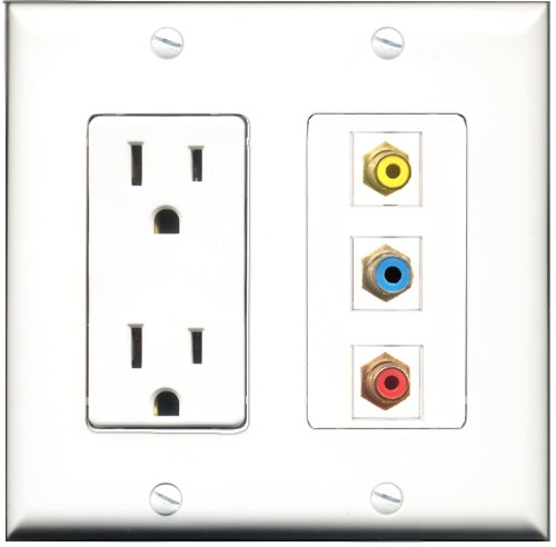 RiteAV - 15 Amp Power Outlet 1 Port RCA Red 1 Port RCA Yellow 1 Port RCA Blue Decorative Wall Plate
