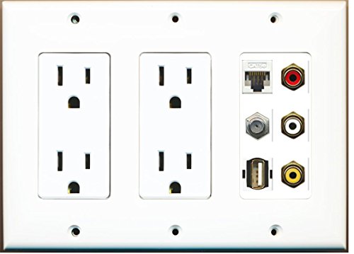 RiteAV - (3 Gang) 2 15A Power Outlet Coax Cat5e Composite Video USB A-A Wall Plate White