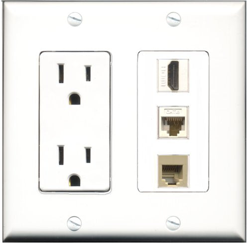 RiteAV - 15 Amp Power Outlet 1 Port HDMI 1 Port Phone Beige 1 Port Cat6 Ethernet Ethernet White Decorative Wall Plate