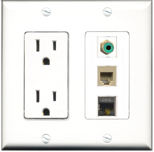 RiteAV - 15 Amp Power Outlet 1 Port RCA Green 1 Port Phone Beige 1 Port Shielded Cat6 Ethernet Ethernet Decorative Wall Plate