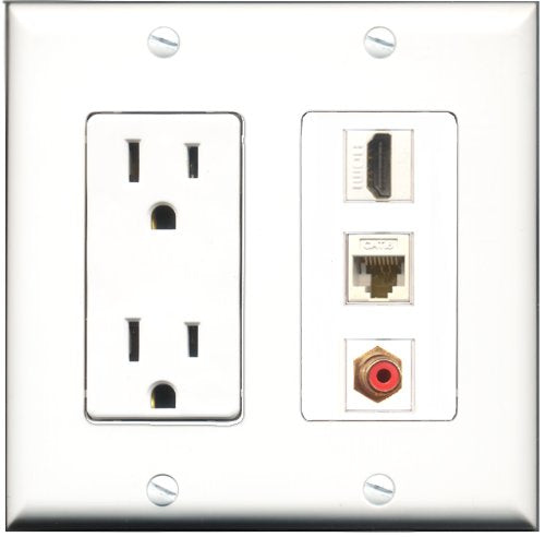 RiteAV - 15 Amp Power Outlet 1 Port HDMI 1 Port RCA Red 1 Port Cat6 Ethernet Ethernet White Decorative Wall Plate