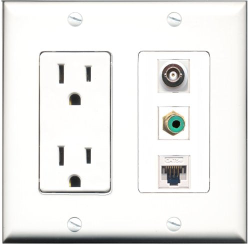 RiteAV - 15 Amp Power Outlet 1 Port RCA Green 1 Port BNC 1 Port Cat5e Ethernet White Decorative Wall Plate