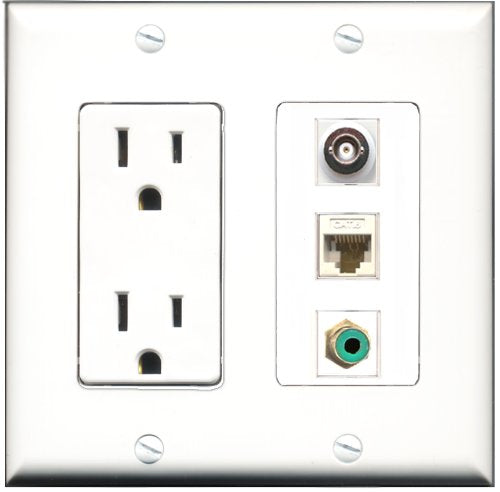 RiteAV - 15 Amp Power Outlet 1 Port RCA Green 1 Port BNC 1 Port Cat6 Ethernet Ethernet White Decorative Wall Plate
