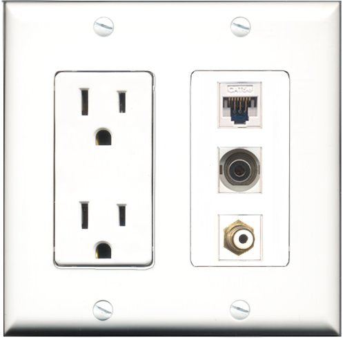 RiteAV - 15 Amp Power Outlet 1 Port RCA White 1 Port 3.5mm 1 Port Cat5e Ethernet White Decorative Wall Plate