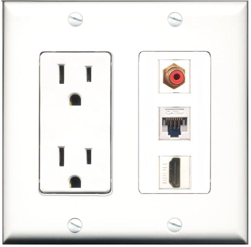 RiteAV - 15 Amp Power Outlet 1 Port HDMI 1 Port RCA Red 1 Port Cat5e Ethernet White Decorative Wall Plate