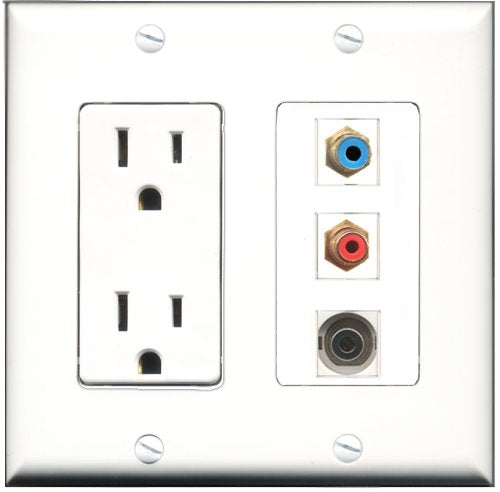 RiteAV - 15 Amp Power Outlet 1 Port RCA Red 1 Port RCA Blue 1 Port 3.5mm Decorative Wall Plate