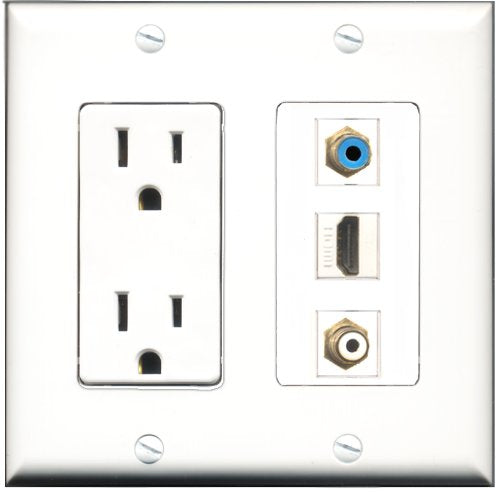 RiteAV - 15 Amp Power Outlet 1 Port HDMI 1 Port RCA White 1 Port RCA Blue Decorative Wall Plate