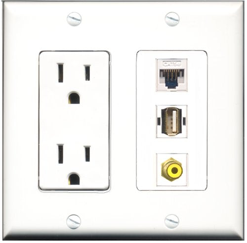 RiteAV - 15 Amp Power Outlet 1 Port RCA Yellow 1 Port USB A-A 1 Port Cat5e Ethernet White Decorative Wall Plate