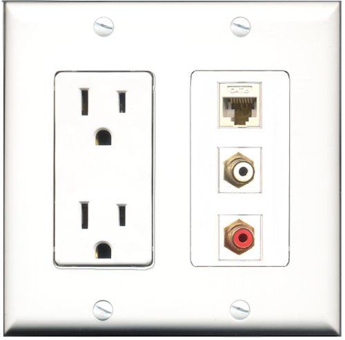 RiteAV - 15 Amp Power Outlet 1 Port RCA Red 1 Port RCA White 1 Port Shielded Cat6 Ethernet Ethernet Decorative Wall Plate