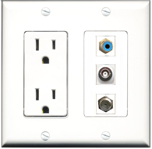 RiteAV - 15 Amp Power Outlet 1 Port RCA Blue 1 Port Coax 1 Port BNC Decorative Wall Plate