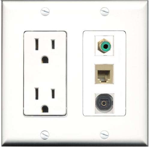 RiteAV - 15 Amp Power Outlet 1 Port RCA Green 1 Port Phone Beige 1 Port Toslink Decorative Wall Plate