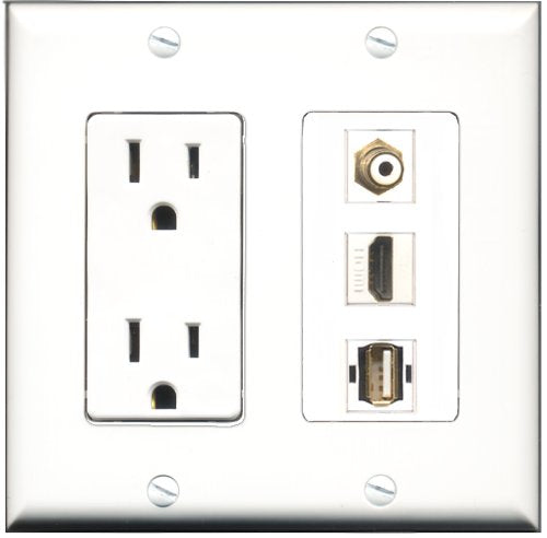 RiteAV - 15 Amp Power Outlet 1 Port HDMI 1 Port RCA White 1 Port USB A-A Decorative Wall Plate