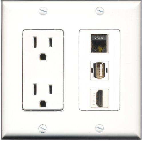 RiteAV - 15 Amp Power Outlet 1 Port HDMI 1 Port USB A-A 1 Port Shielded Cat6 Ethernet Ethernet Decorative Wall Plate