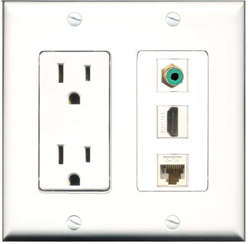 RiteAV - 15 Amp Power Outlet 1 Port HDMI 1 Port RCA Green 1 Port Cat6 Ethernet Ethernet White Decorative Wall Plate