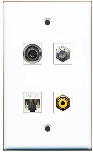 RiteAV - 1 Port RCA Yellow 1 Port Coax Cable TV- F-Type 1 Port 3.5mm 1 Port Cat5e Ethernet White Wall Plate