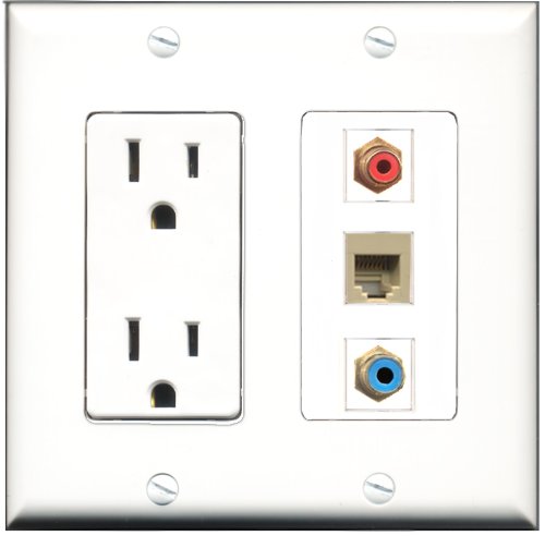 RiteAV - 15 Amp Power Outlet 1 Port RCA Red 1 Port RCA Blue 1 Port Phone Beige Decorative Wall Plate