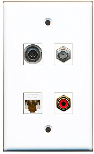 RiteAV - 1 Port RCA Red 1 Port Coax Cable TV- F-Type 1 Port 3.5mm 1 Port Cat6 Ethernet White Wall Plate