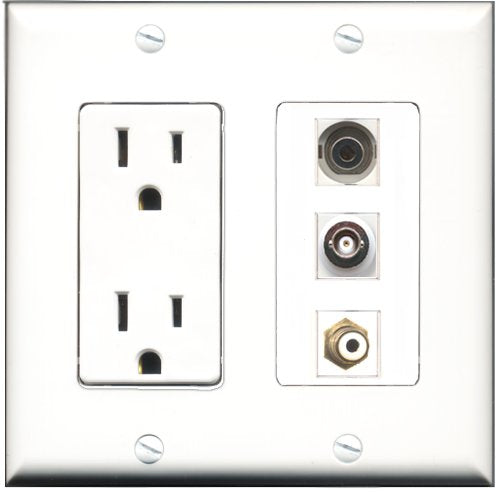 RiteAV - 15 Amp Power Outlet 1 Port RCA White 1 Port 3.5mm 1 Port BNC Decorative Wall Plate