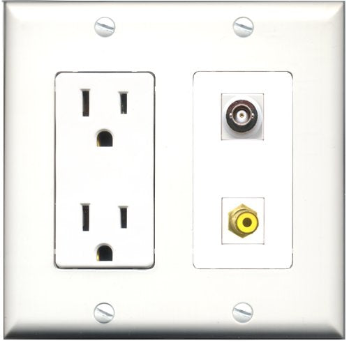 RiteAV - 15 Amp Power Outlet and 1 Port RCA Yellow and 1 Port BNC Decorative Type Wall Plate White