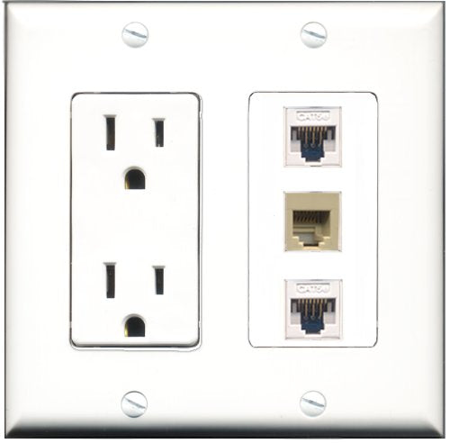 RiteAV - 15 Amp Power Outlet 1 Port Phone Beige 2 Port Cat5e Ethernet White Decorative Wall Plate