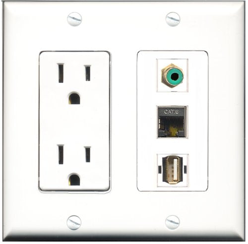 RiteAV - 15 Amp Power Outlet 1 Port RCA Green 1 Port USB A-A 1 Port Shielded Cat6 Ethernet Ethernet Decorative Wall Plate