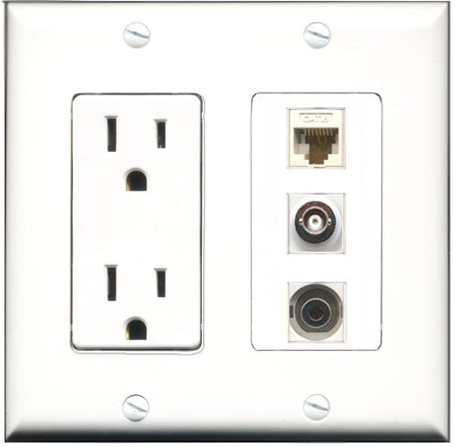 RiteAV - 15 Amp Power Outlet 1 Port 3.5mm 1 Port BNC 1 Port Cat6 Ethernet Ethernet White Decorative Wall Plate