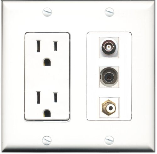 RiteAV - 15 Amp Power Outlet 1 Port RCA White 1 Port 3.5mm 1 Port BNC Decorative Wall Plate