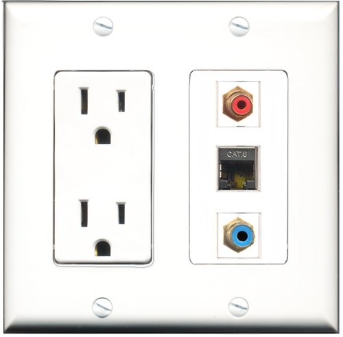 RiteAV - 15 Amp Power Outlet 1 Port RCA Red 1 Port RCA Blue 1 Port Shielded Cat6 Ethernet Ethernet Decorative Wall Plate