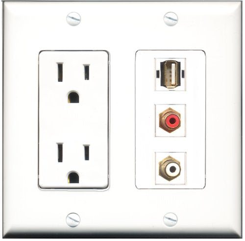 RiteAV - 15 Amp Power Outlet 1 Port RCA Red 1 Port RCA White 1 Port USB A-A Decorative Wall Plate