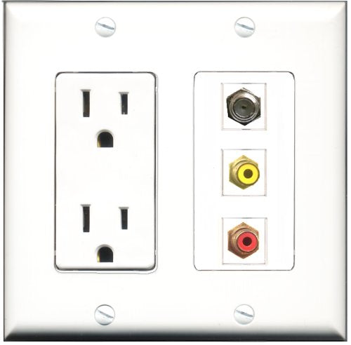 RiteAV - 15 Amp Power Outlet 1 Port RCA Red 1 Port RCA Yellow 1 Port Coax Decorative Wall Plate