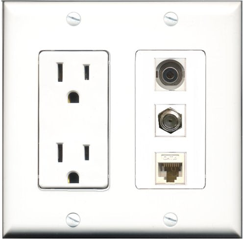RiteAV - 15 Amp Power Outlet 1 Port Coax 1 Port 3.5mm 1 Port Cat6 Ethernet Ethernet White Decorative Wall Plate