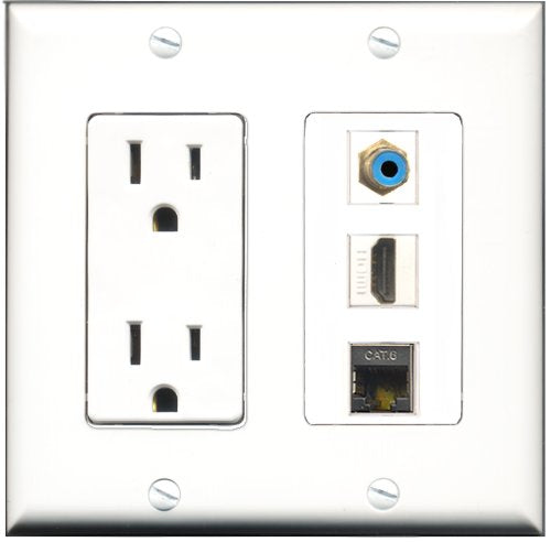 RiteAV - 15 Amp Power Outlet 1 Port HDMI 1 Port RCA Blue 1 Port Shielded Cat6 Ethernet Ethernet Decorative Wall Plate